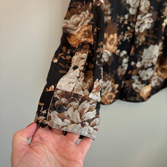 H&M Men's Size Large Button Down Bold Floral Print Black Brown Vintage Vibes - Picture 5 of 10